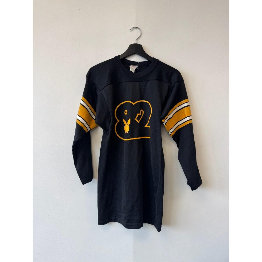 VINTAGE Playboy Shirt Nylon Black Yellow Long Sleeve Football Jersey 80s XS‎